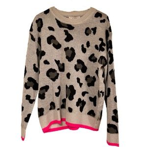 No Comment Sweater Gray Leopard Pink Neon Trim Crewneck Sweater Sz: L (NWT)